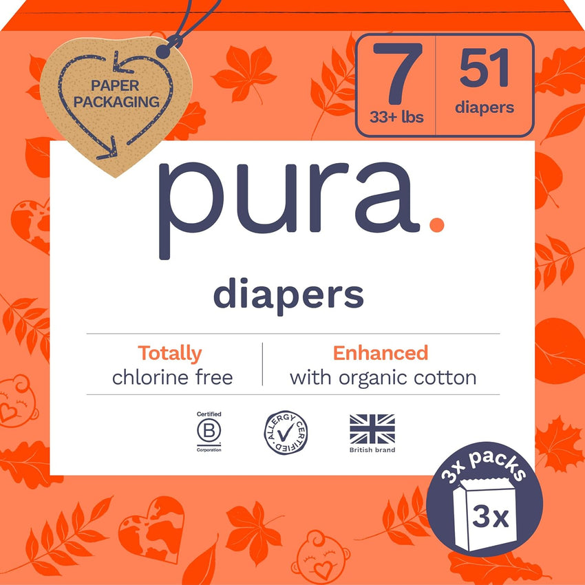 Pura Size 6 Eco-Friendly Diapers (29+ lbs) Hypoallergenic, Soft Organic Cotton, Sustainable, up to 12 Hours Leak Protection, Allergy UK, Recyclable Paper Packaging, 18 Count (Pack of 3) (54 Diapers)