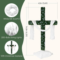 74-Inch Lighted Christmas Cross Tree with 200 Cool White LED String Lights, Religious Indoor Holiday Decor with Scarves & Vines – Christian Catholic Jesus Home Decoration