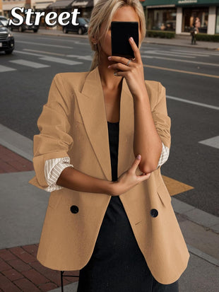 Mina Self 2025 Fall Women's Oversized Double-Breasted Blazer Striped-Lined Work Causal Business Suit Jacket with Pockets