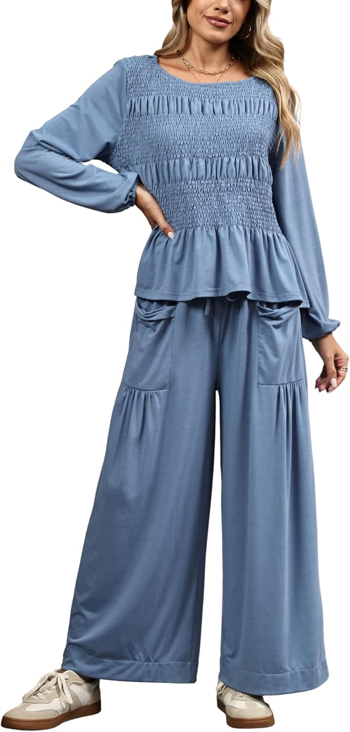 Womens 2-Piece Boho Long Sleeve Smocked Top & Wide Leg Pants Set Casual Lounge Outfit with Pockets