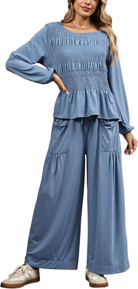 Womens 2-Piece Boho Long Sleeve Smocked Top & Wide Leg Pants Set Casual Lounge Outfit with Pockets