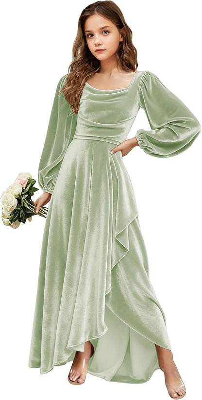 Velvet Junior Bridesmaid Dresses Long Sleeve Girls Christmas Dress Flower Girl Dresses Wedding Guest Maxi Party Gown
