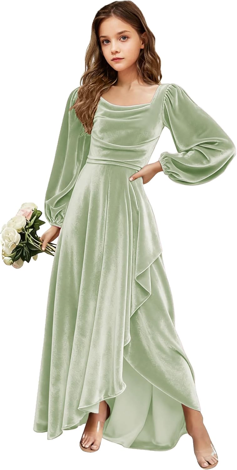 Velvet Junior Bridesmaid Dresses Long Sleeve Girls Christmas Dress Flower Girl Dresses Wedding Guest Maxi Party Gown