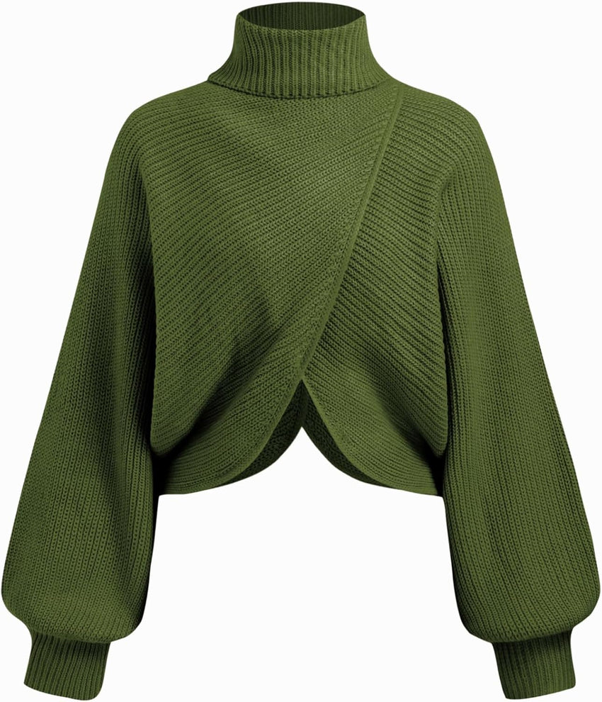 CIDER Cropped Sweaters for Women Turtleneck Sweater Long Sleeve Ribbed Knit Lantern Sleeve Pullover Fall Outfits