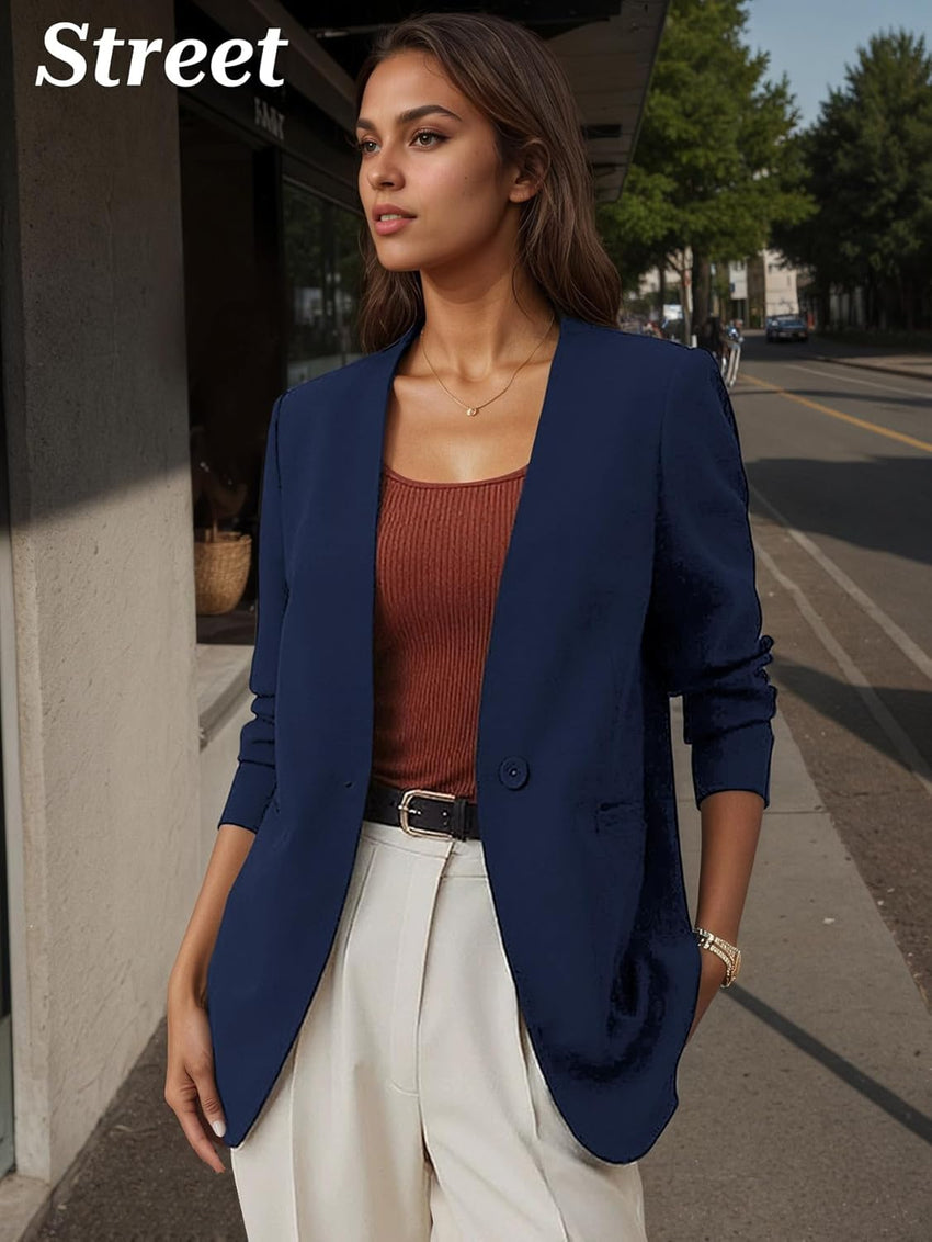 Mina Self 2025 Fall Women's Blazers Casual Lightweight Collarless V Neck One-Button Front Work Suit Jackets with Pockets