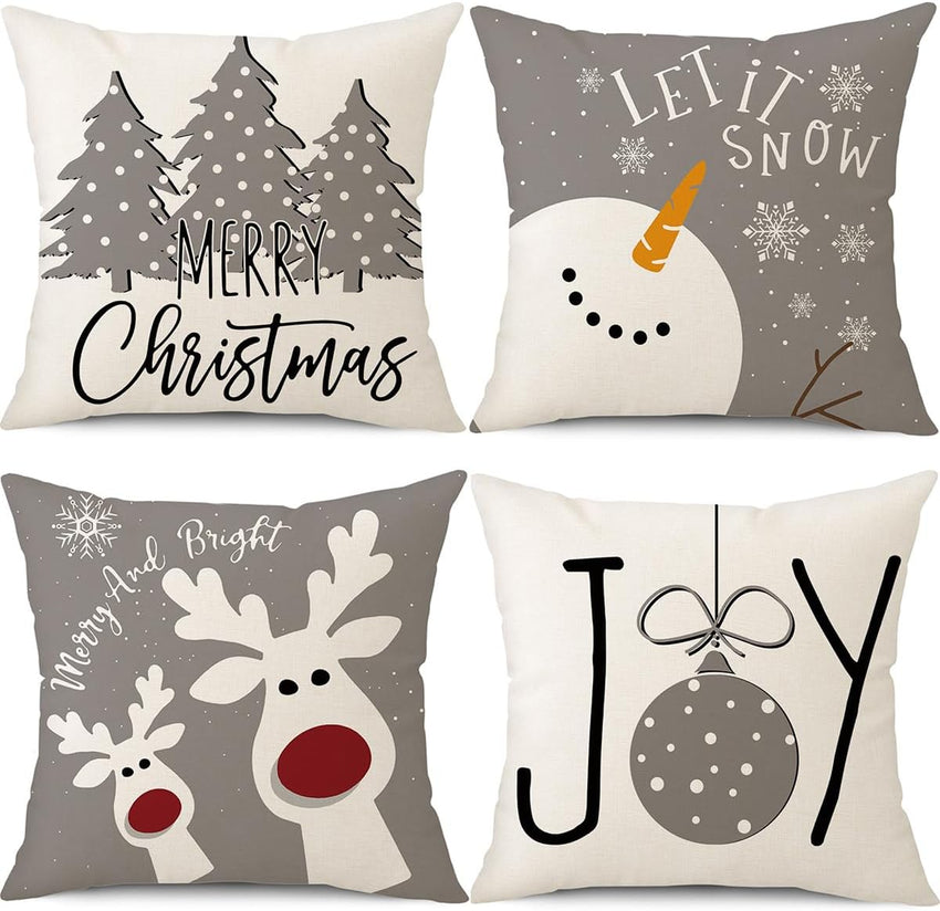 PSDWETS Christmas Pillow Covers 18x18 Set of 4 Christmas Decorations Snowman Deer Tree Winter Holiday Decor Throw Cushion Case for Home Couch