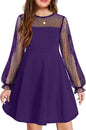 Arshiner Girl's Contrast Mesh Puff Long Sleeve High Waist A Line Short Dress with Pockets for 6-13 Years