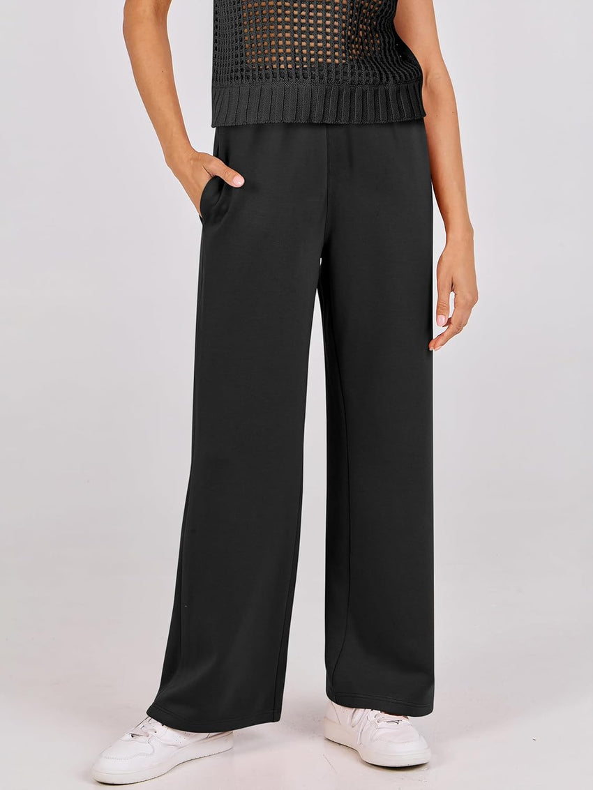 ANRABESS Women Two Piece Outfits Crochet Sheer Knit Sweater Top Wide Leg Pants Lounge Matching Sets Sweatsuit Travel Clothes