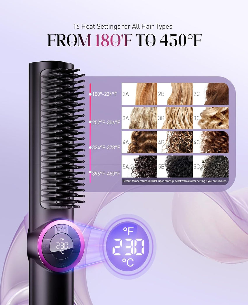 Hair Straightener Brush: 3-in-1 Curling & Straightening Comb with Dual Voltage, Hot Comb with Ionic Coating, Black