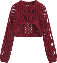CIDER Cropped Sweaters for Women Knit Round Neckline Hollow Out Long Sleeve Crop Top Sweaters