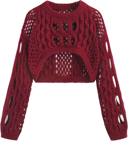 CIDER Cropped Sweaters for Women Knit Round Neckline Hollow Out Long Sleeve Crop Top Sweaters