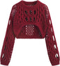 CIDER Cropped Sweaters for Women Knit Round Neckline Hollow Out Long Sleeve Crop Top Sweaters
