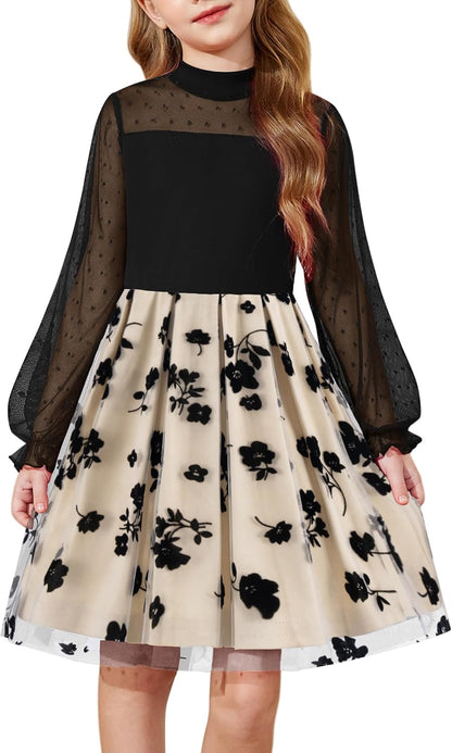 Arshiner Girls Dresses Contrast Mesh Puff Long Sleeve Mock Neck Formal Party A Line Short Tulle Dress