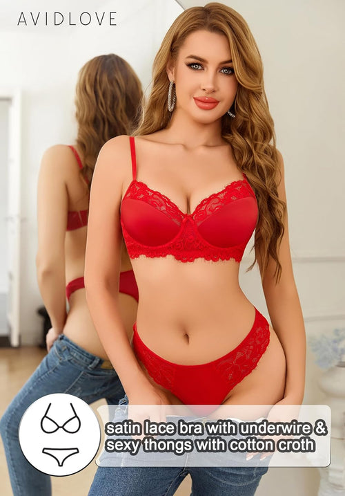 Avidlove Lingerie Sets for Women Sexy Underwire Bra and Pany Set Floral Lace 2 Pieces Underwear Satin Lingerie Outfit