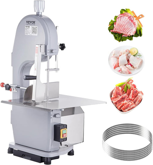 Commercial Electric Meat Bandsaw, 1500W Stainless Steel Countertop Bone Sawing Machine, Workbeach 19.3" x 15", 0.16-7.9 Inch Cutting Thickness, Frozen Meat Cutter with 6 Blades for Rib Pork Beef
