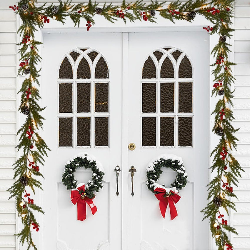 Christmas Garland 6FT 20 LED Bulbs Cypress Pine Garland with Lights Battery Operated with Timer Bells Red Berries Pinecones Green Garlands Decoration for Xmas Holiday Thanksgiving New Year Home Decor