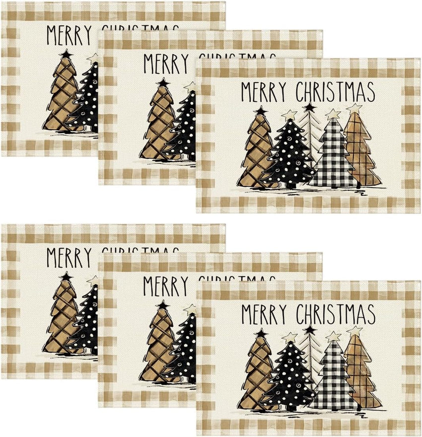 Artoid Mode Waterclor Buffalo Plaid Christmas Trees Placemats Set of 4, 12x18 Inch Winter Table Mats for Outdoor Home Party Kitchen Dining Decor