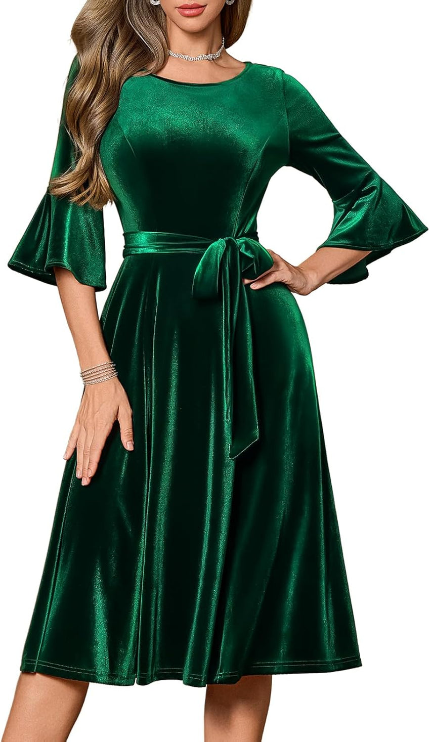 HomRain Women's Long Sleeve Velvet Midi Dresses for Wedding Guest Church Formal Winter Christmas Cocktail Party