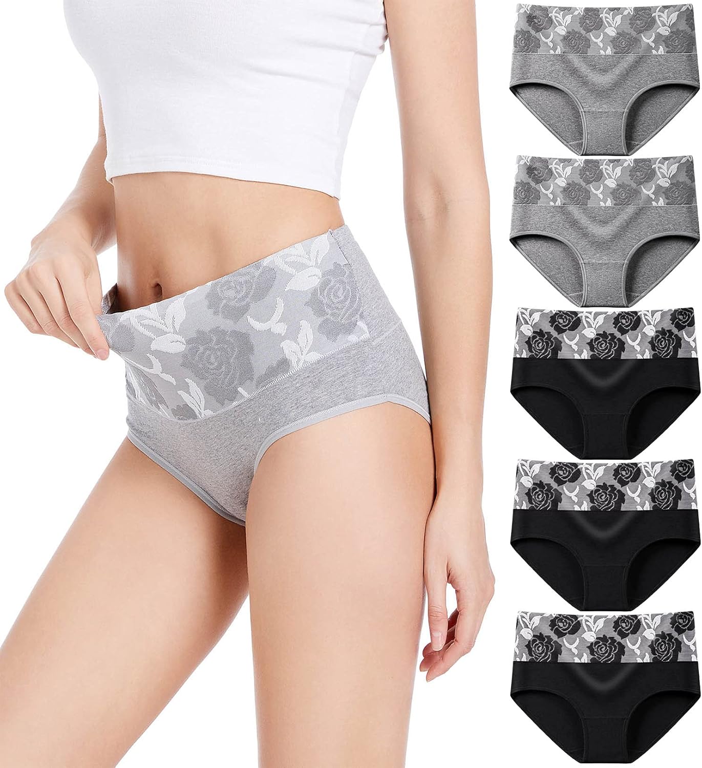 HAVVIS Women's Briefs Underwear Cotton High Waist Tummy Control Panties Rose Jacquard Ladies Panty Multipack