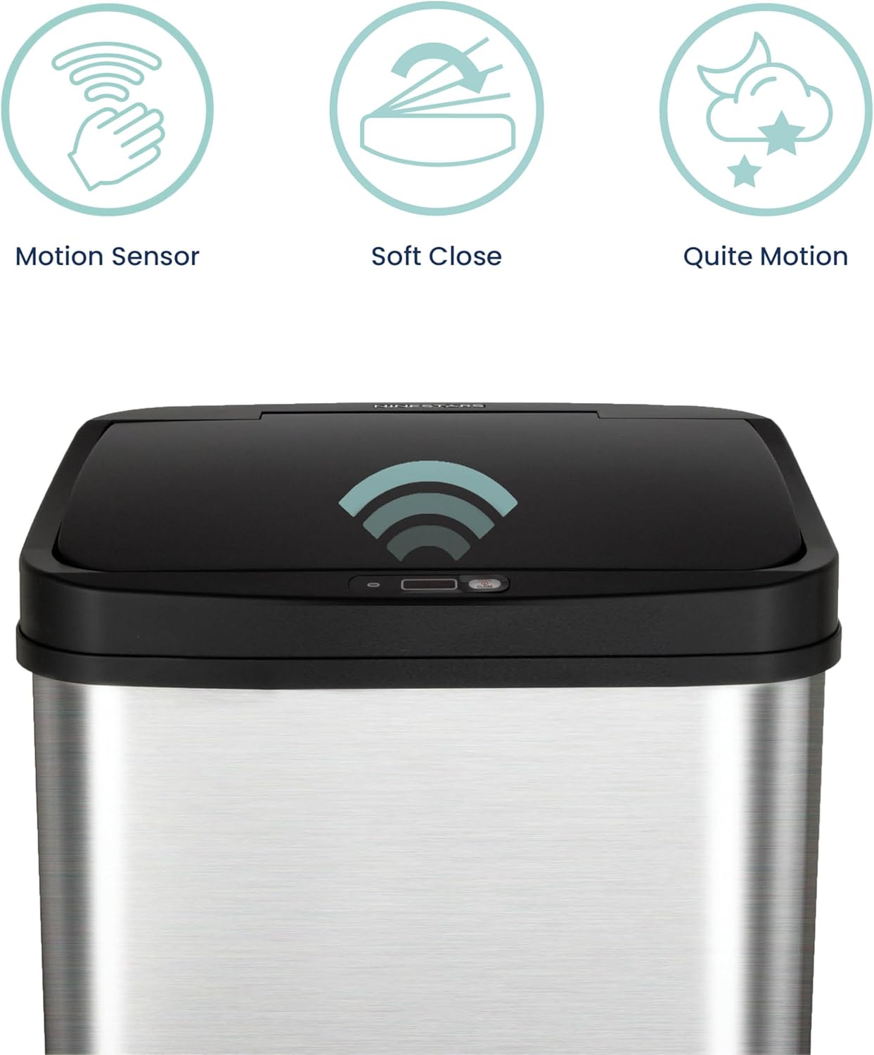 Ninestars Automatic Touchless Infrared Motion Sensor Trash Can, 13 Gal 50L, Stainless Steel Base (Rectangular, Black Lid), Black Trim