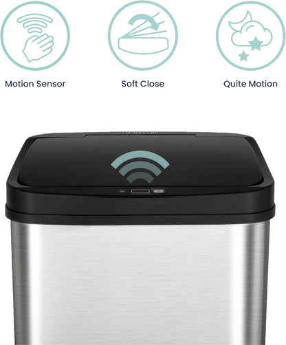 Ninestars Automatic Touchless Infrared Motion Sensor Trash Can, 13 Gal 50L, Stainless Steel Base (Rectangular, Black Lid), Black Trim