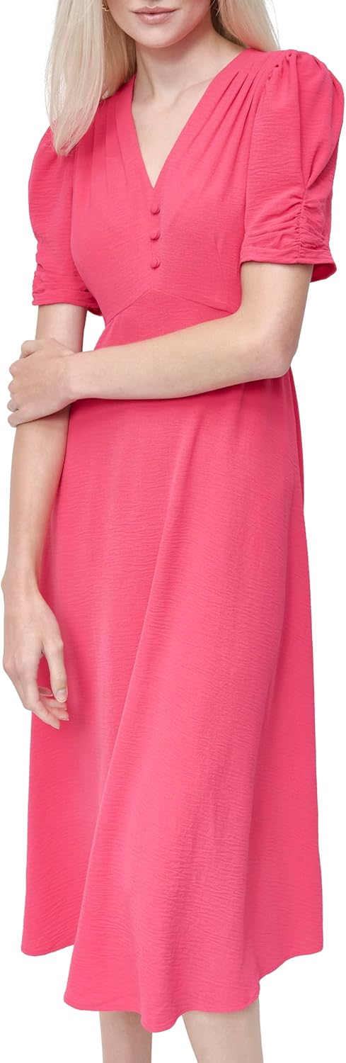 DKNY Women's Short Sleeve Button Front Fit & Flare Midi Dress