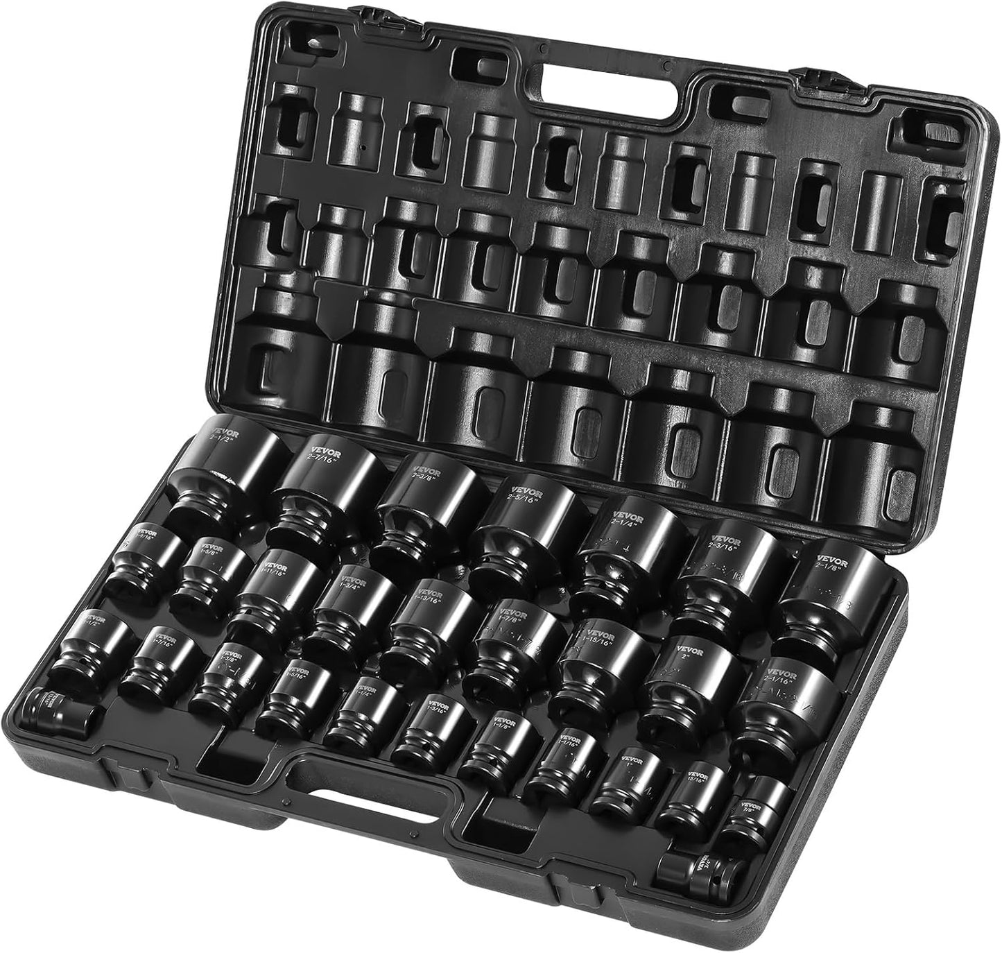VEVOR 1/2" Drive Impact Socket Set, 65 Piece SAE 3/8" to 1-1/4" and Metric 10-24mm, 6 Point Cr-V Alloy Steel for Auto Repair, Easy-to-Read Size Markings, Rugged Construction, Storage Case