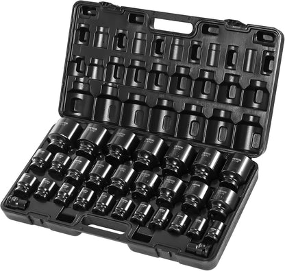 VEVOR 1/2" Drive Impact Socket Set, 65 Piece SAE 3/8" to 1-1/4" and Metric 10-24mm, 6 Point Cr-V Alloy Steel for Auto Repair, Easy-to-Read Size Markings, Rugged Construction, Storage Case