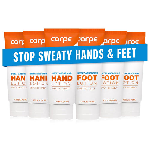 Carpe Sweat Absorbing Hand and Foot Lotion Bundle (3 Hand and 3 Foot Tubes), Stop Sweaty Hands and Sweaty, Smelly Feet, Dermatologist-Recommended
