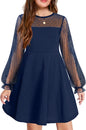 Arshiner Girl's Contrast Mesh Puff Long Sleeve High Waist A Line Short Dress with Pockets for 6-13 Years