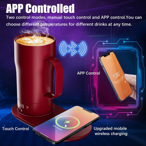 Smart Self Heating Coffee Mug 18 Oz Temperature Control Heated Coffee Mug App Controlled Warmer Mug 5-10 Hour LED Display Keep Coffee Hot All Day Fast Wireless Charger Base Rogue red