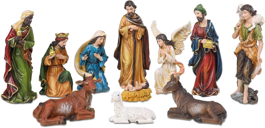 Bshine Nativity Scene Set Christmas Decor, Wooden Stable with LED Lights 12.4x9.05 Holy Family with Manger Baby Jesus Figurine, Nativity Scene Indoor Decor Home Desktop Collectible Ornaments