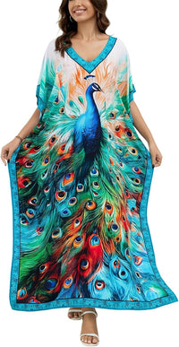 Women's Plus Size Loose Fit Moroccan Print V-Neck Batwing Kaftan Beach Dress Bathing Suit Cover Up