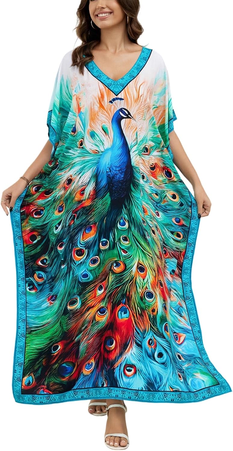 Women's Plus Size Loose Fit Moroccan Print V-Neck Batwing Kaftan Beach Dress Bathing Suit Cover Up