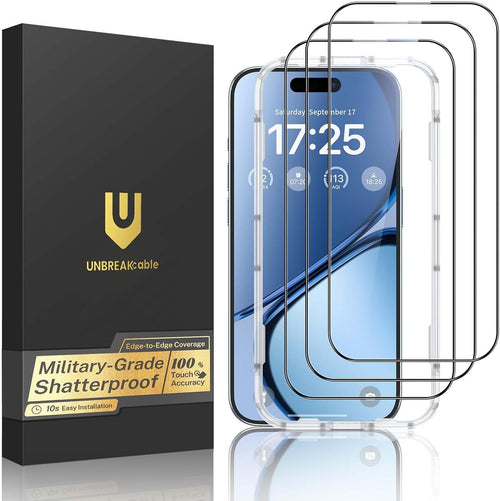 UNBREAKcable 3-Pack Screen Protector for iPhone 15, Double Shatterproof Tempered Glass [Easy Installation Frame] [99.99% HD Clear] [9H Hardness] [Full Coverage] [Case Friendly] for Apple 15 6.1 inch
