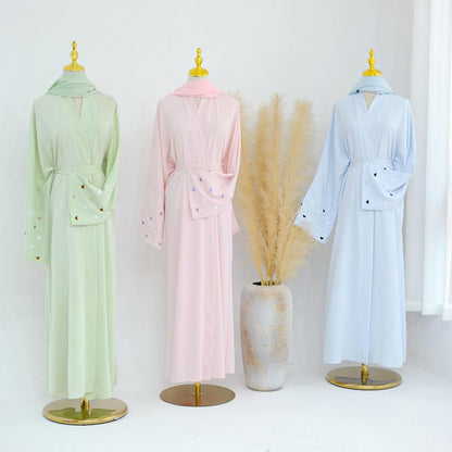Abayas for Women Muslim Islamic Dubai Cardigan Open Front Chiffon Dress Long Sleeve Maxi Abaya Long Kaftan Robe(No Scarf)