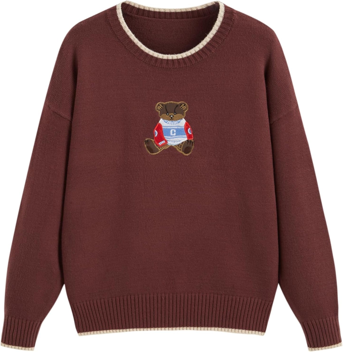 CIDER Women's Fall Sweaters Long Sleeve Cute Sweaters Bear Graphic Crewneck Soft Knit Casual Cropped Pullover