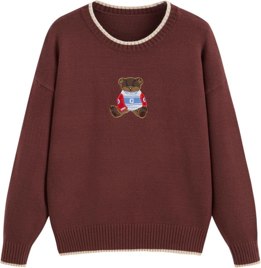 CIDER Women's Fall Sweaters Long Sleeve Cute Sweaters Bear Graphic Crewneck Soft Knit Casual Cropped Pullover