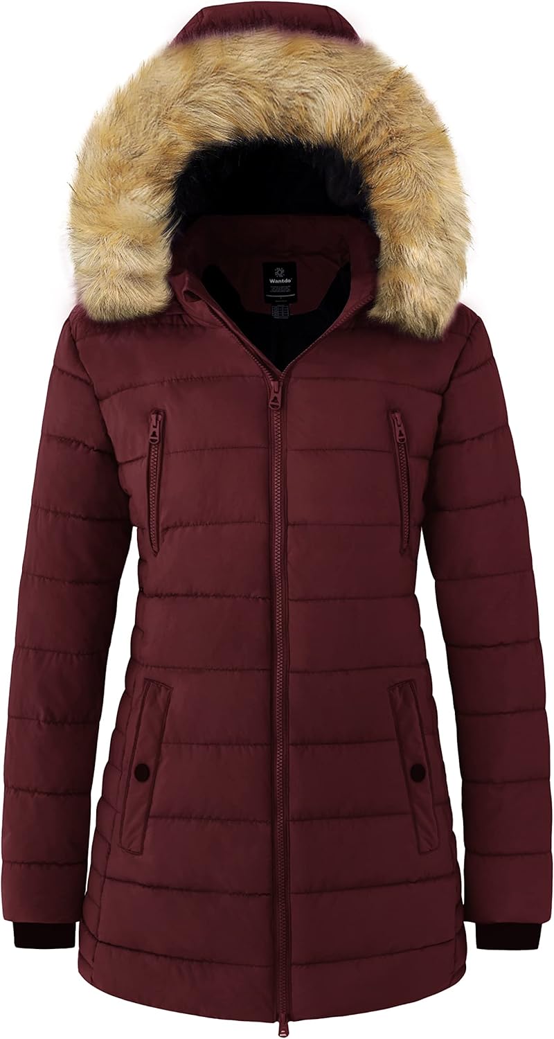 wantdo Women's Warm Winter Coat Heavy Puffer Jacket Parka with Fur Trimmed Hood