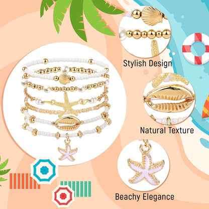 cow print Summer Beach Bracelets for Women Men, Stackable Seashell Starfish Beaded Bracelets, Seaside Holiday Vacation Party Birthday Gifts for Women Surfers Friends Her Him Family