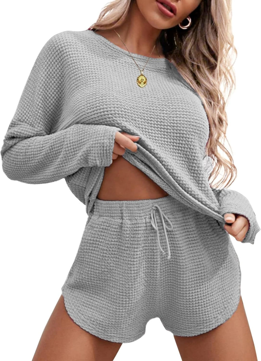 Ekouaer Womens Waffle Knit Pajama Sets Long Sleeve Top and Shorts Matching Lounge Set Loungewear Sweatsuit with Pockets