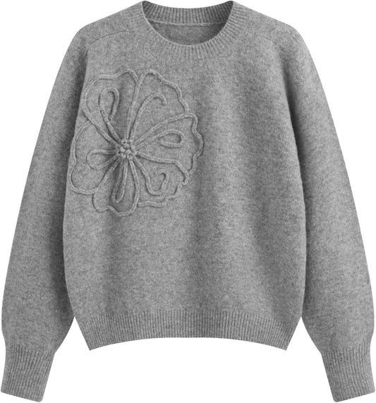 CIDER Women's Cute Sweater Crew Neck Long Sleeve Floral Pullover Fall Winter Sweaters Loose Fit Knit Top