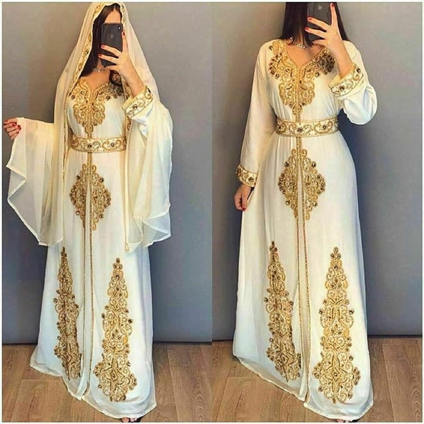 Moroccan White Dubai Kaftans Abaya Dress Very Fancy Long Modern Farasha Gown Islamic Dress