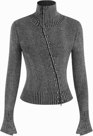 CIDER Zipper Cardigan Sweaters for Women Trendy Stand Collar Rivet Cardigans Split Long Sleeve Fall Winter