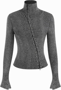 CIDER Zipper Cardigan Sweaters for Women Trendy Stand Collar Rivet Cardigans Split Long Sleeve Fall Winter