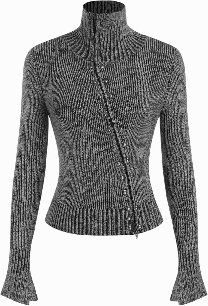CIDER Zipper Cardigan Sweaters for Women Trendy Stand Collar Rivet Cardigans Split Long Sleeve Fall Winter