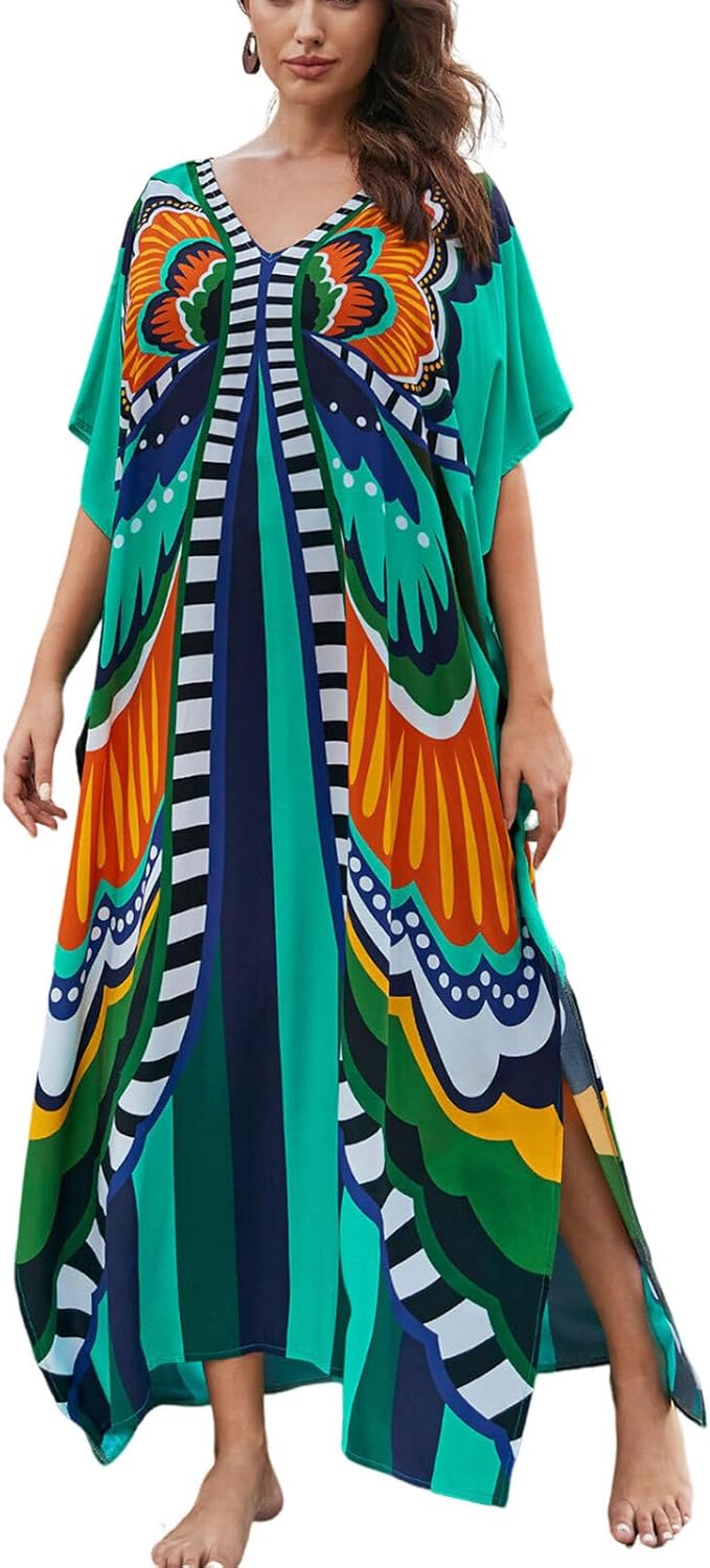 Women's Plus Size Loose Fit Moroccan Print V-Neck Batwing Kaftan Beach Dress Bathing Suit Cover Up