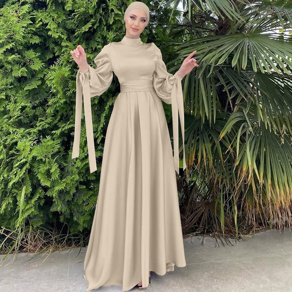 OBEEII Muslim Dress for Women Loose Full Cover Long Abaya Satin Dress Kaftan Abayas Islamic Robe S-XXL