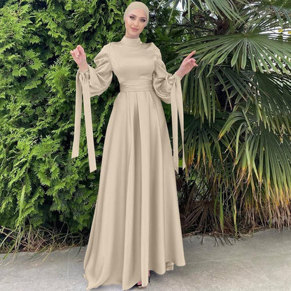 OBEEII Muslim Dress for Women Loose Full Cover Long Abaya Satin Dress Kaftan Abayas Islamic Robe S-XXL