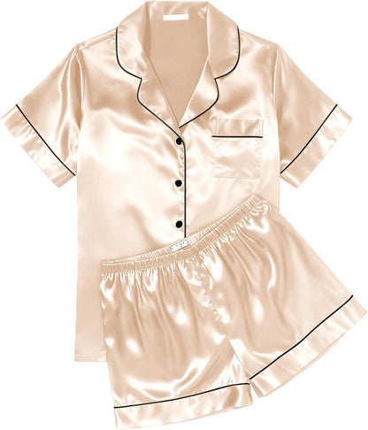 Ekouaer Womens Silk Satin Pajama Sets Soft Short Sleeve Button Down Sleepwear Top and Shorts 2 Piece Pjs Lounge Set